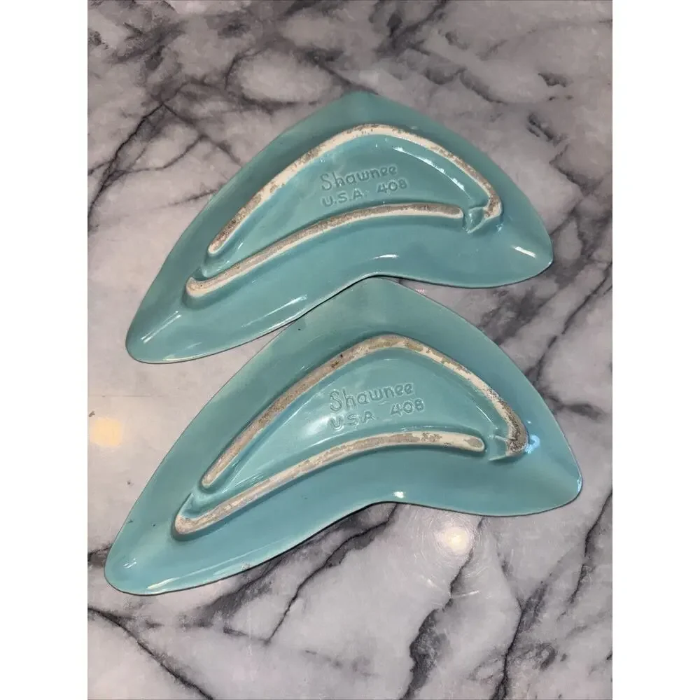 2‎ Vintage 1950's Shawnee Pottery Ashtray Stardust Turquoise Handmade Art Deco